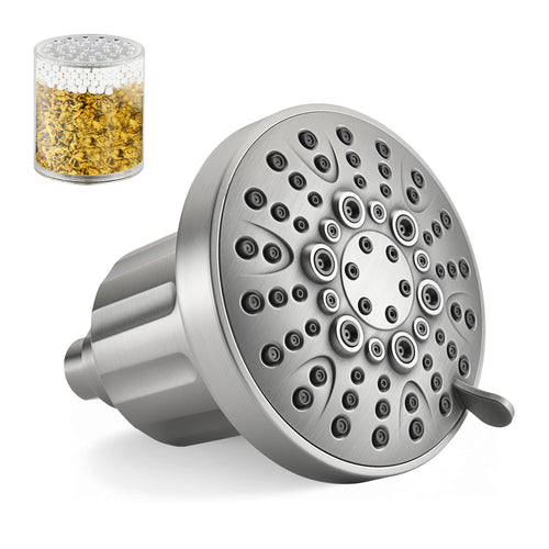 BRIGHT SHOWERS Filtered Shower Head, High Pressure Fixed Showerhead for Hard Water, Dual-Media Filter Removes Chlorine & Impurities, 8 Spray Modes