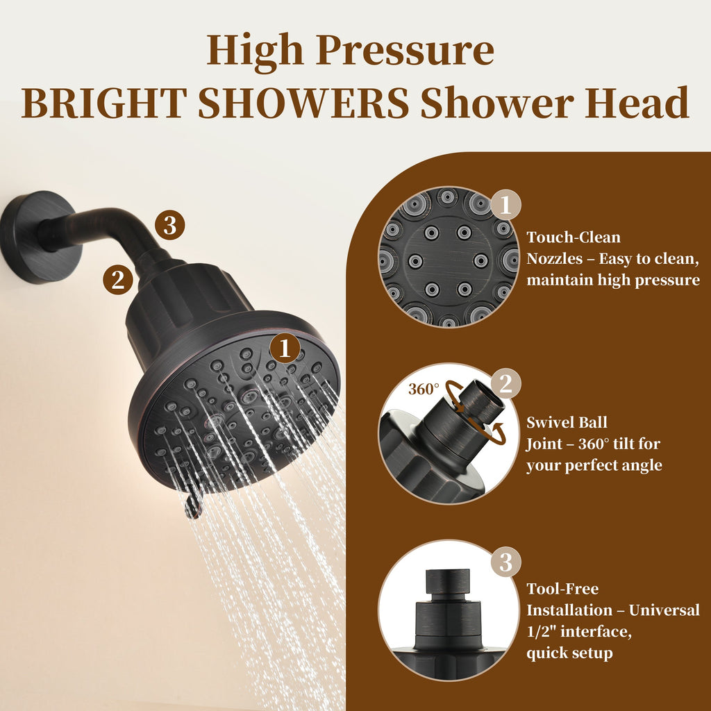 BRIGHT SHOWERS Filtered Shower Head, High Pressure Fixed Showerhead for Hard Water, Dual-Media Filter Removes Chlorine & Impurities, 8 Spray Modes