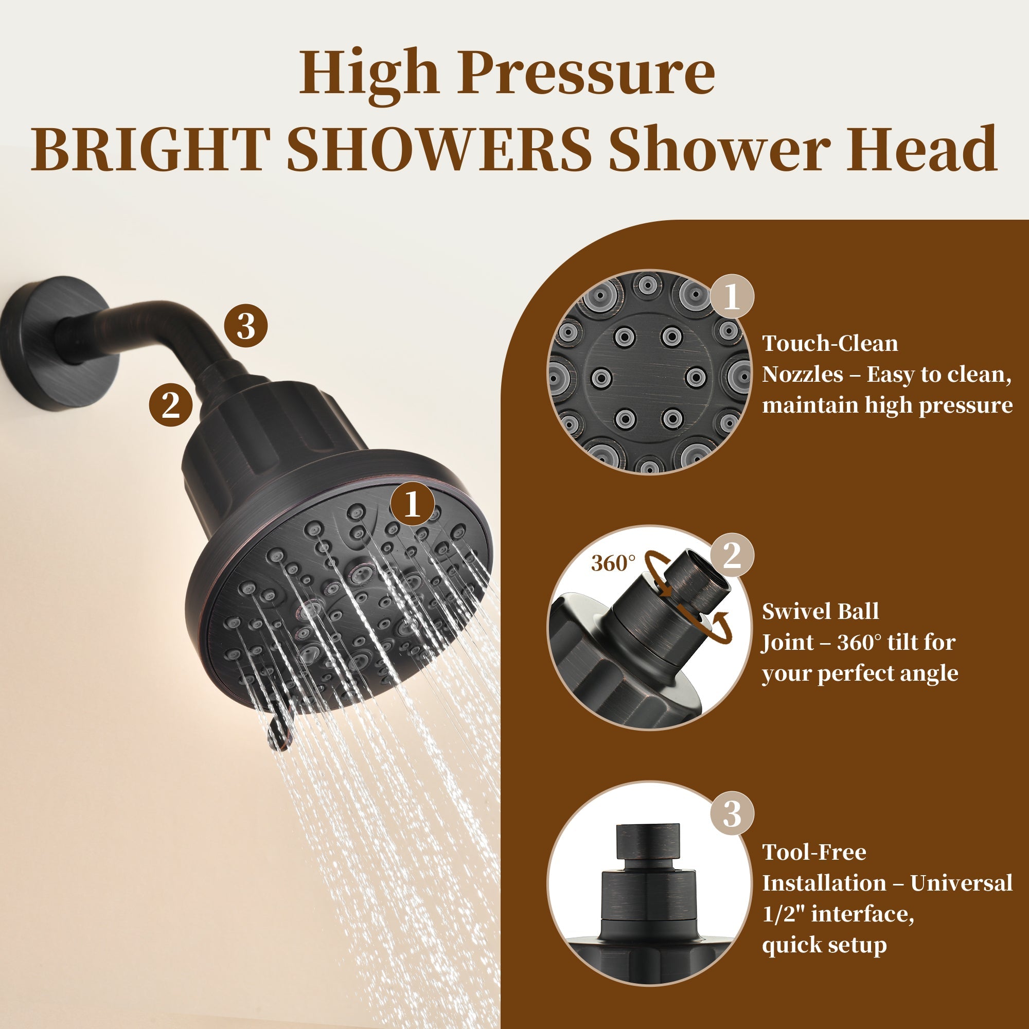 BRIGHT SHOWERS Filtered Shower Head, High Pressure Fixed Showerhead for Hard Water, Dual-Media Filter Removes Chlorine & Impurities, 8 Spray Modes