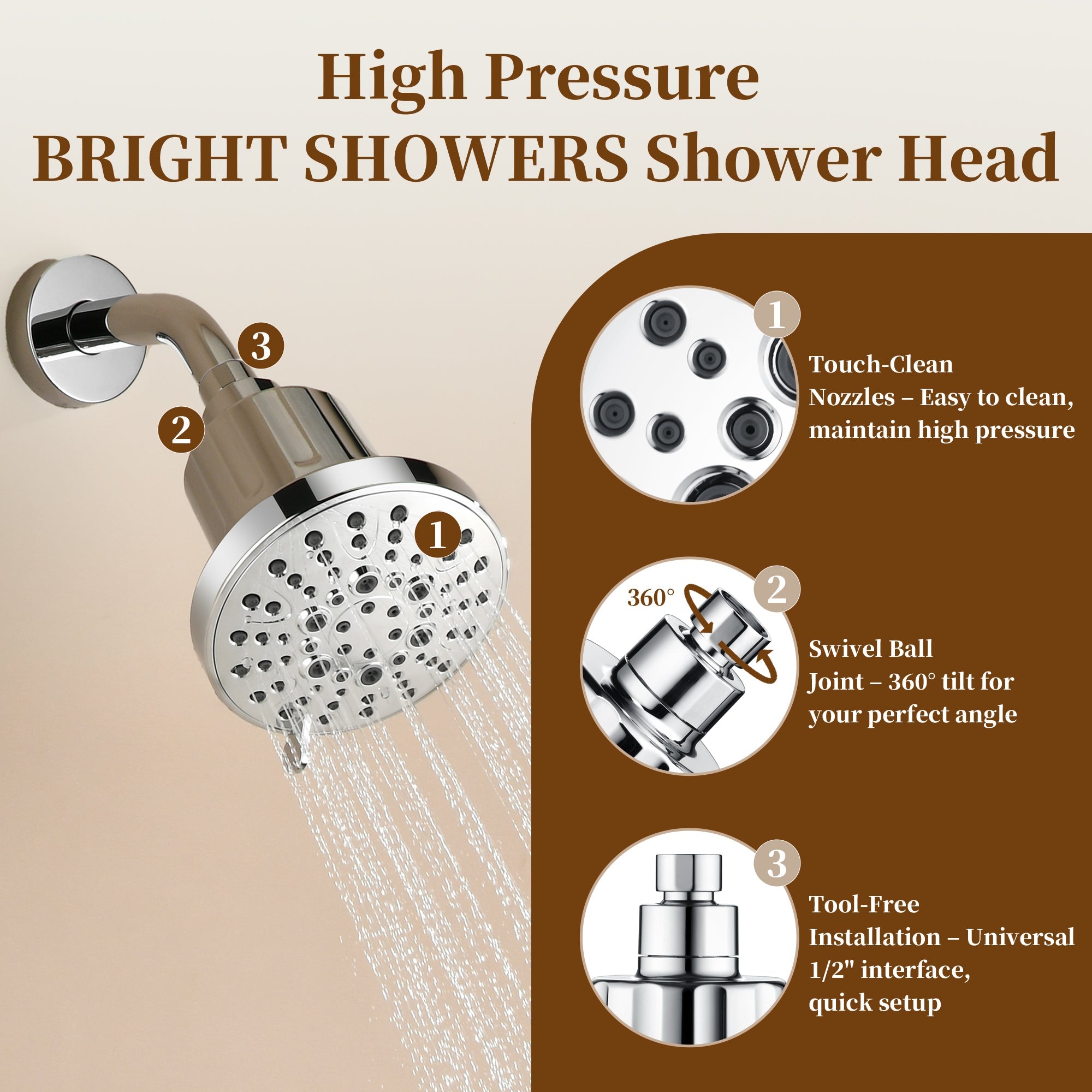 BRIGHT SHOWERS Filtered Shower Head, High Pressure Fixed Showerhead for Hard Water, Dual-Media Filter Removes Chlorine & Impurities, 8 Spray Modes
