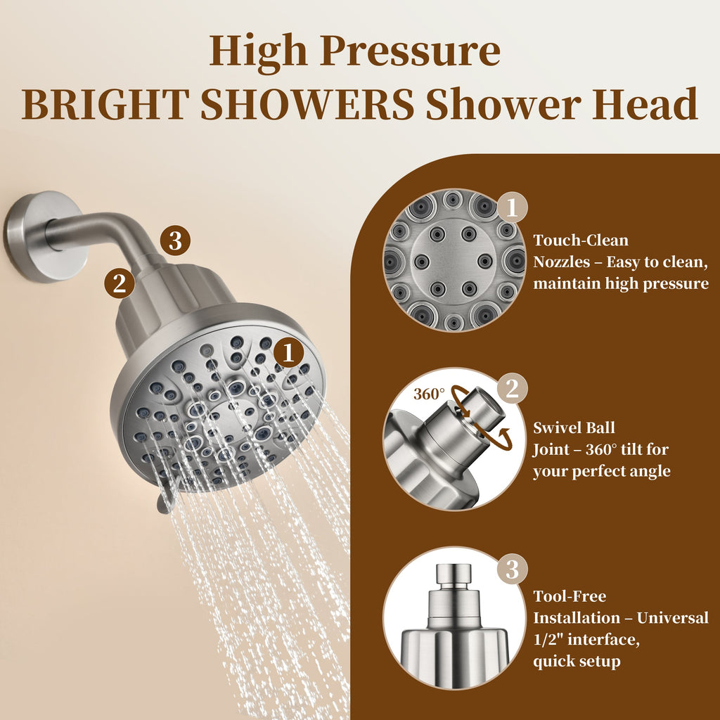 BRIGHT SHOWERS Filtered Shower Head, High Pressure Fixed Showerhead for Hard Water, Dual-Media Filter Removes Chlorine & Impurities, 8 Spray Modes