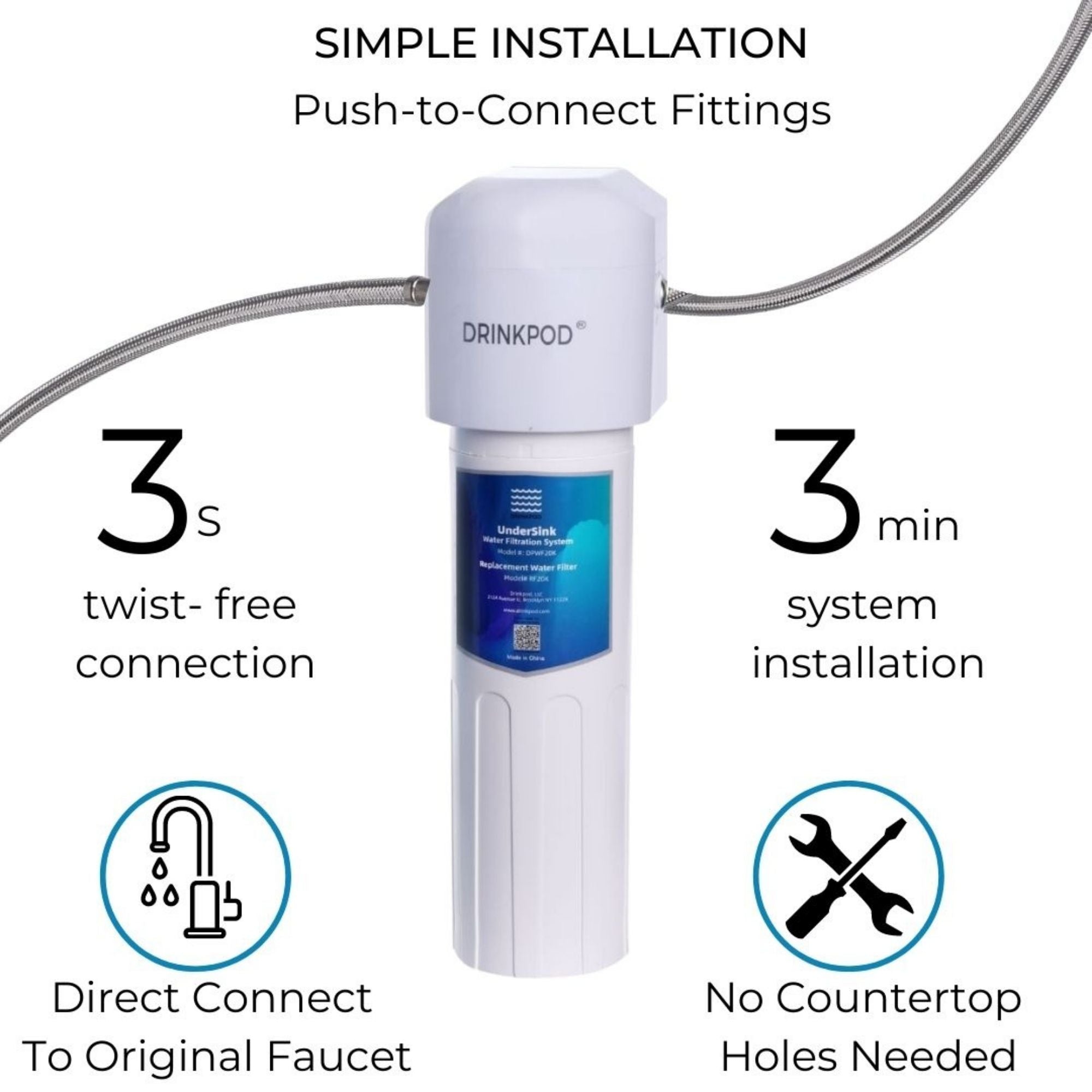 Under Sink Drinking Water Filter System, 3 Years or 20K Ultra High Capacity NSF 42 Certified, Direct Connect Under Counter, 0.5 Micron Removes 99.99% Chlorine Odor by Drinkpod